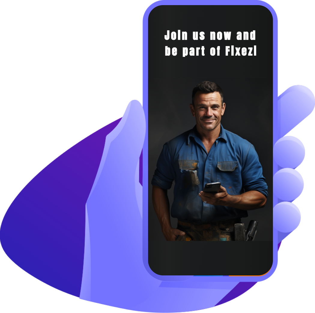 Fixezi-The App of All Trades on phone held by cartoon hand showing signup as tradie to receive jobs.