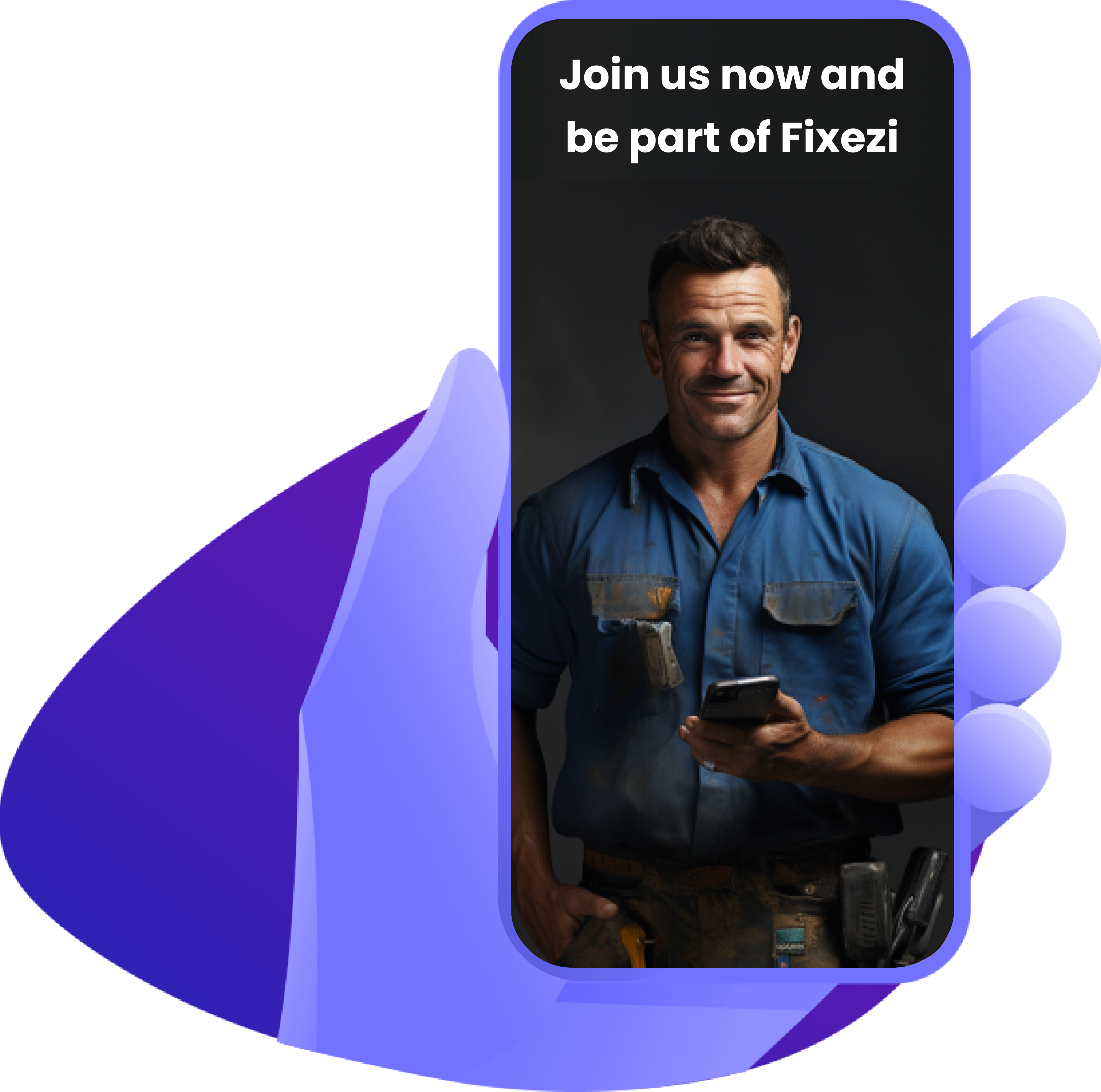 Fixezi-The App of All Trades on phone held by cartoon hand showing signup as tradie to receive jobs.