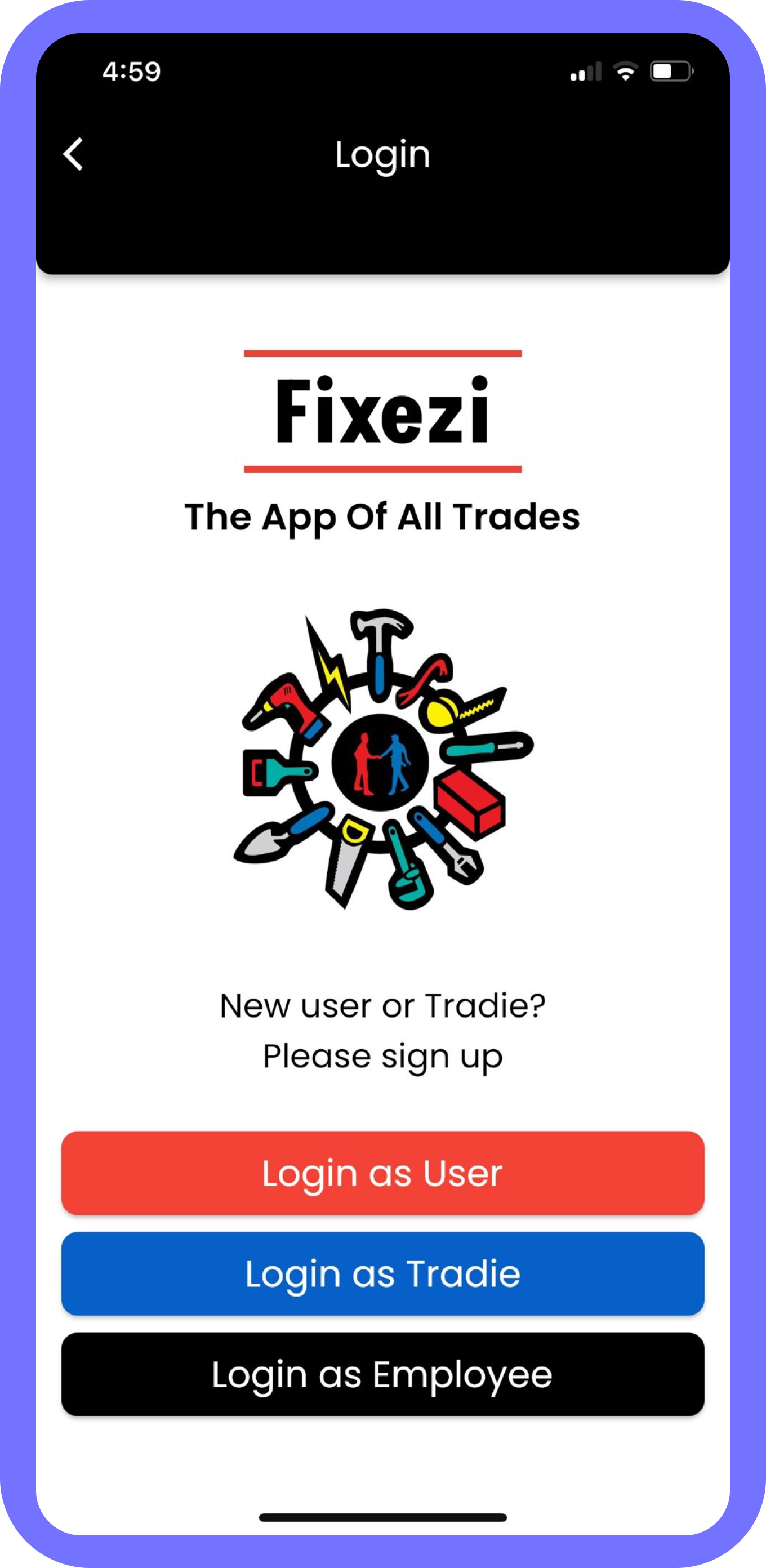 Fixezi-The App o All Trades login  screen for user login, tradie login, employee login.